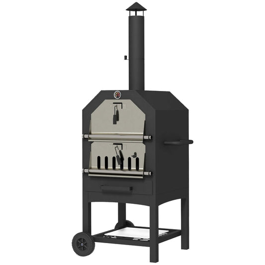 Black outsunny steel 3-tier outdoor pizza oven with stainless steel door chimney on wheeled charcoal grill stand