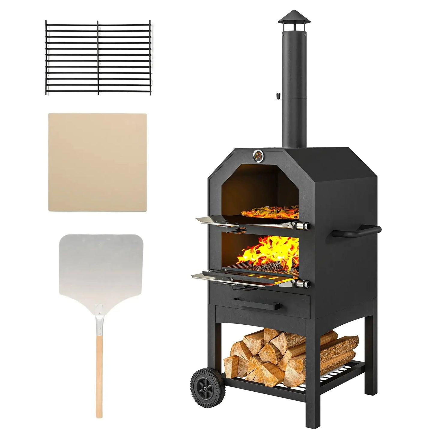 Outsunny black steel outdoor pizza oven with chimney wheels and firewood storage shelf for charcoal grilling