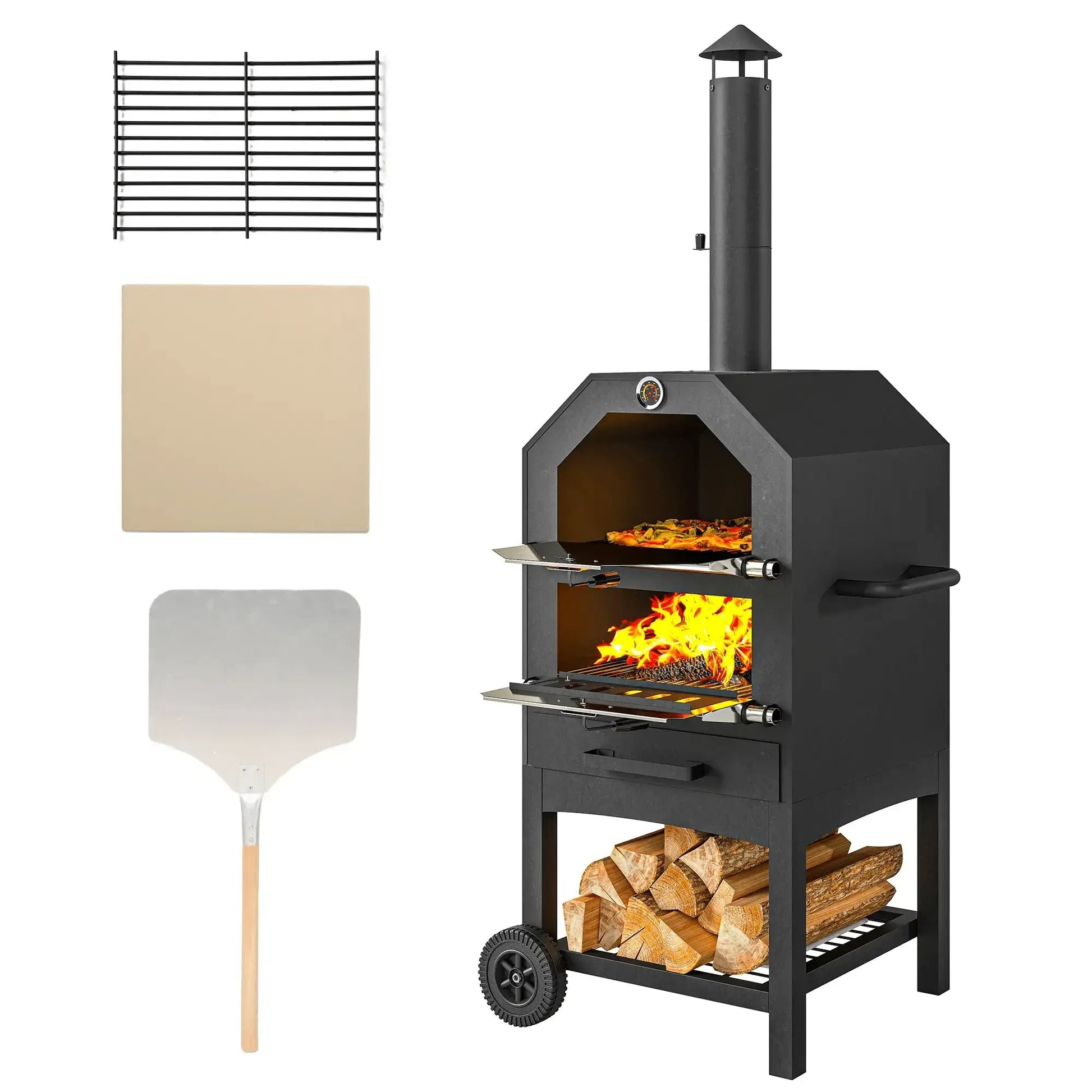 Outsunny black steel outdoor pizza oven with chimney wheels and firewood storage shelf for charcoal grilling