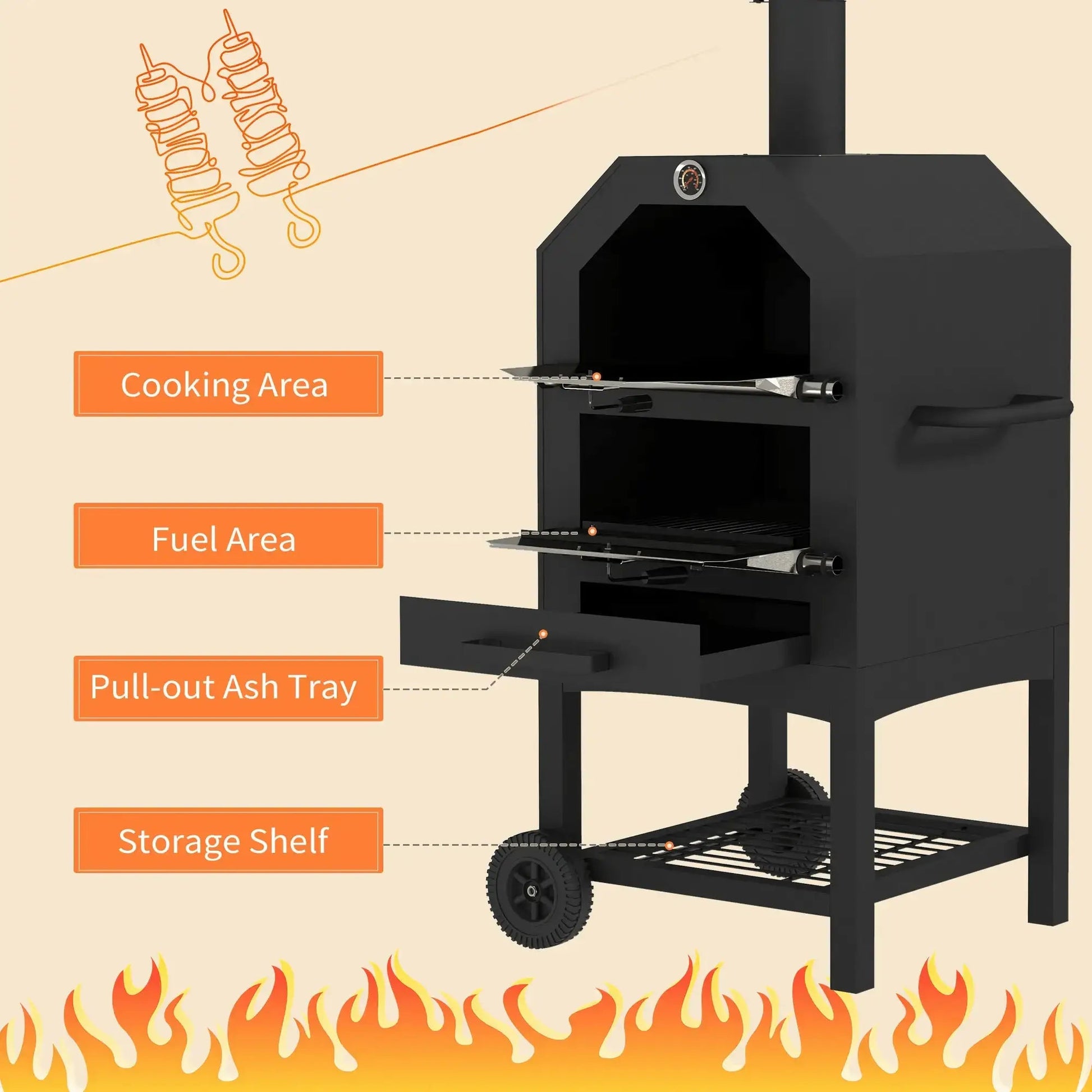 Outsunny steel 3-tier black cast iron outdoor pizza oven with wheels and pull-out ash tray for charcoal grilling