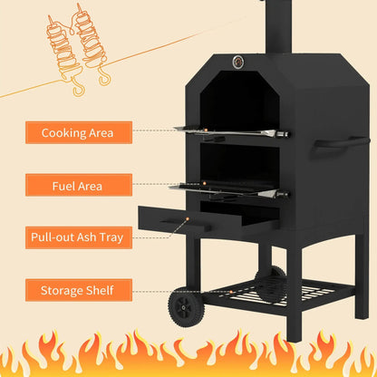 Outsunny steel 3-tier black cast iron outdoor pizza oven with wheels and pull-out ash tray for charcoal grilling