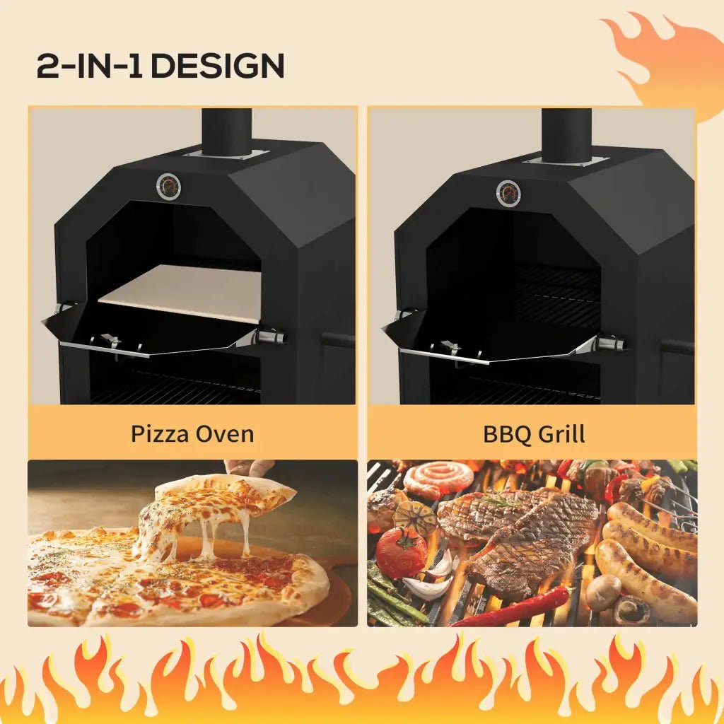 Outsunny steel 3-tier black 2-in-1 outdoor pizza oven and charcoal bbq grill with sleek modern design