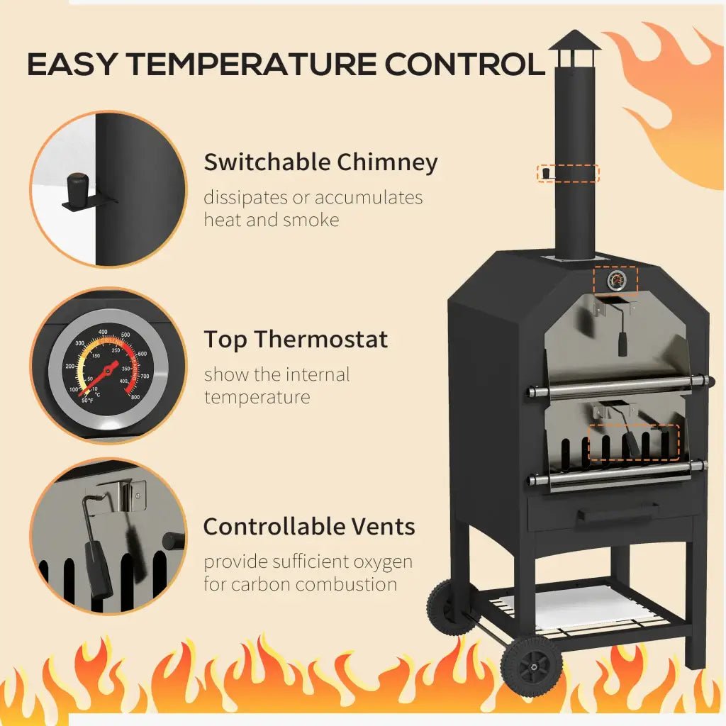Outsunny steel 3-tier black metal outdoor pizza oven with switchable chimney, top thermostat gauge, and controllable vents
