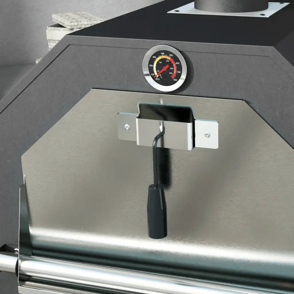 Black-handled temperature gauge with silver face and red needle on outsunny steel 3-tier outdoor pizza oven grill hood