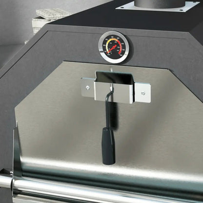 Black-handled temperature gauge with silver face and red needle on outsunny steel 3-tier outdoor pizza oven grill hood