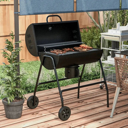 Black metal steel charcoal bbq grill with wheels handle ash catcher and warming rack by outsunny