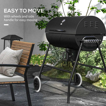 Outsunny steel charcoal bbq black cylindrical grill with wheels and side handle for easy mobility and ash catcher