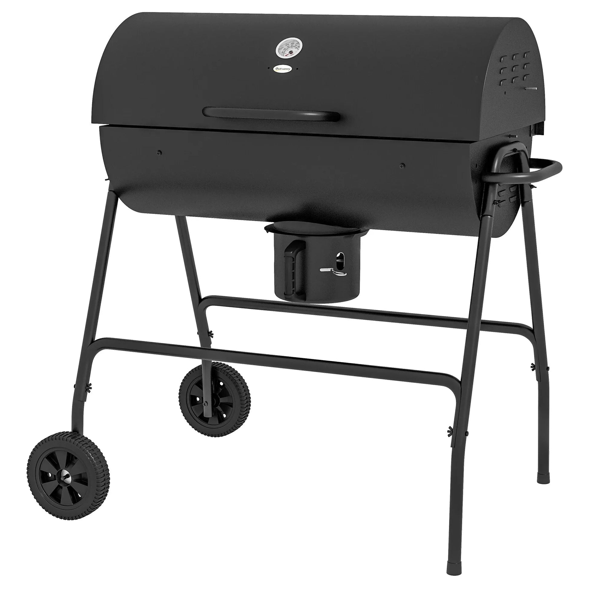 Black steel charcoal bbq grill with ash catcher warming rack side burner and wheels by outsunny