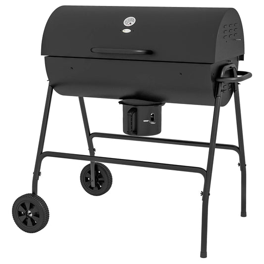 Black steel charcoal bbq grill with ash catcher warming rack side burner and wheels by outsunny