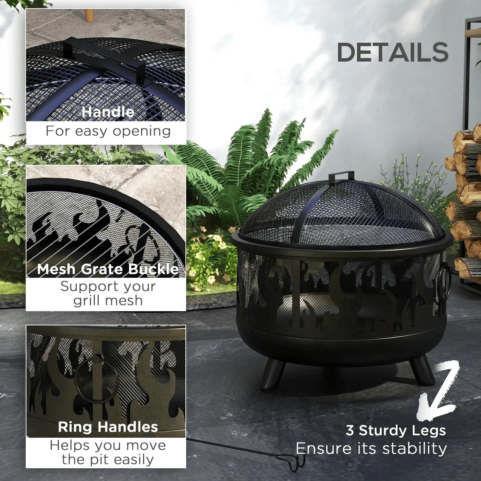 Outsunny Steel Fire Pit BBQ, with Poker - Black 842 - 169V01BK - Garden & Outdoor