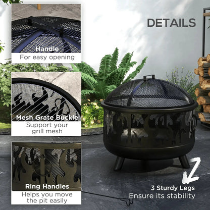 Outsunny Steel Fire Pit BBQ, with Poker - Black 842 - 169V01BK - Garden & Outdoor