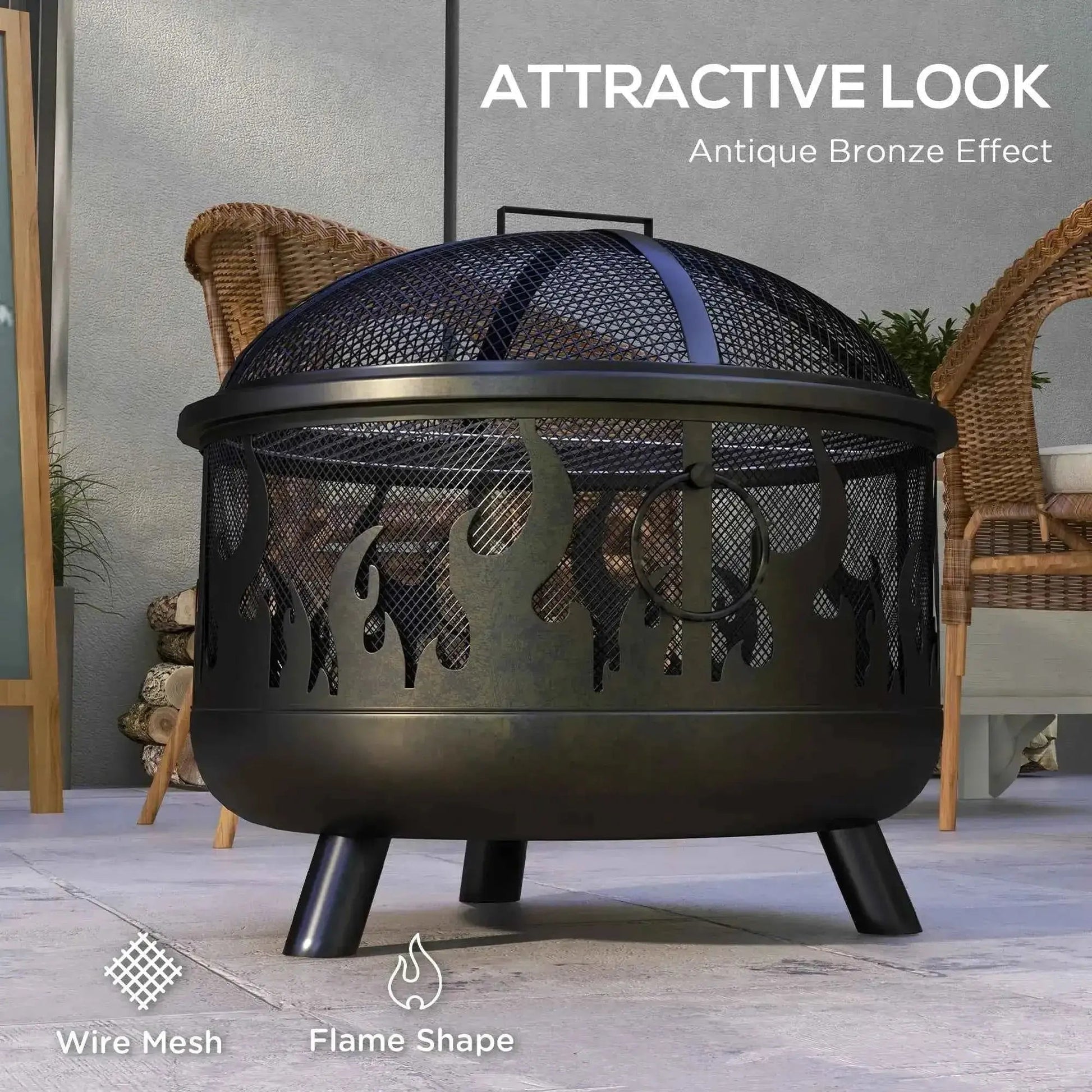 Outsunny Steel Fire Pit BBQ, with Poker - Black | 842-169V01BK