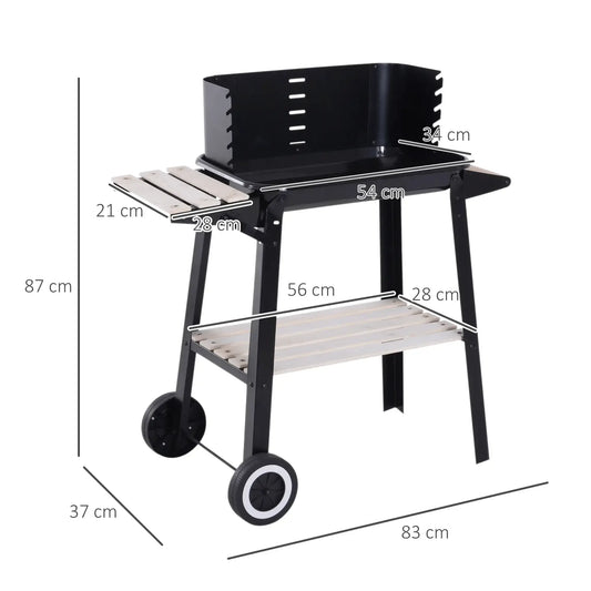Outsunny Trolley Charcoal BBQ Barbecue Grill Outdoor Patio Garden Heating Smoker with Side Trays Storage Shelf and Wheels 846 - 032 - Garden & Outdoor