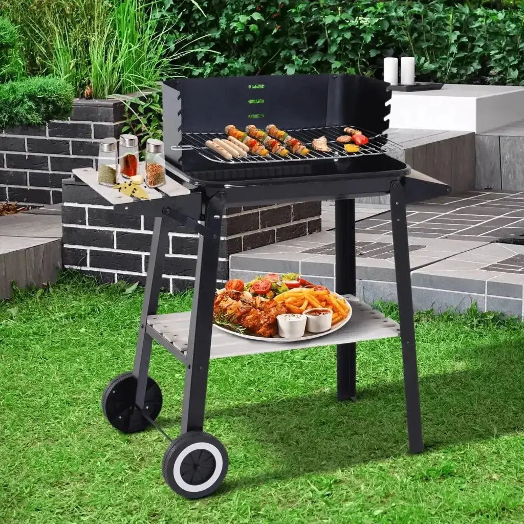 Outsunny Trolley Charcoal BBQ Barbecue Grill Outdoor Patio Garden Heating Smoker with Side Trays Storage Shelf and Wheels 846 - 032 - Garden & Outdoor