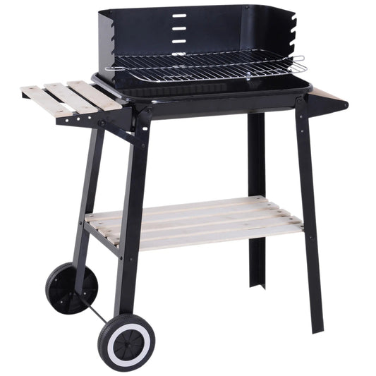 Outsunny trolley charcoal bbq grill in black with silver wire rack wooden side table and lower shelf on wheels