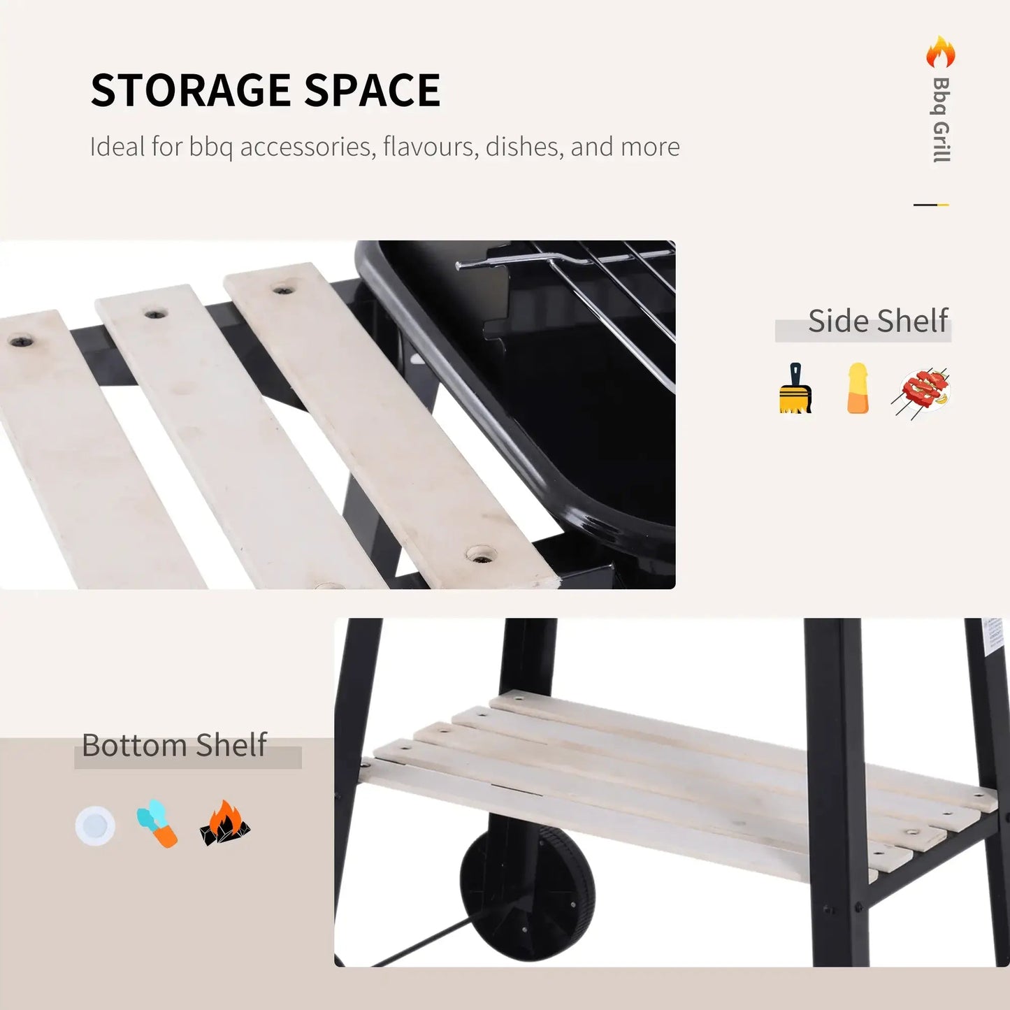 Outsunny Trolley Charcoal BBQ Barbecue Grill Outdoor Patio Garden Heating Smoker with Side Trays Storage Shelf and Wheels 846 - 032 - Garden & Outdoor