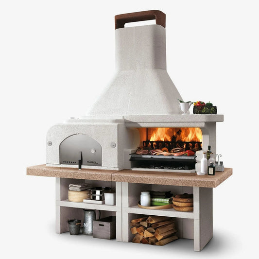 White concrete palazzetti gargano 3 masonry barbecue with stainless steel door and wood-fired oven cooking rack inside