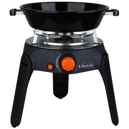 Black portable camping stove with orange knobs and matching frying pan for outdoor cooking sahara multi grill