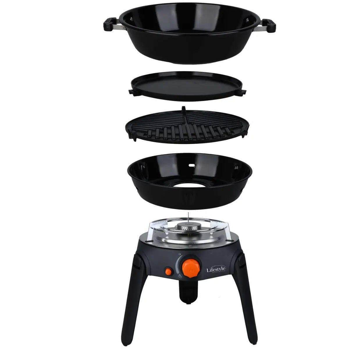 Black portable gas grill sahara multi grill with detachable cooking surfaces and orange control knob for outdoor cooking