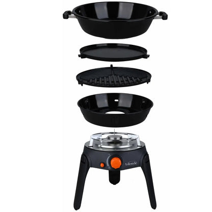 Black portable gas grill sahara multi grill with detachable cooking surfaces and orange control knob for outdoor cooking