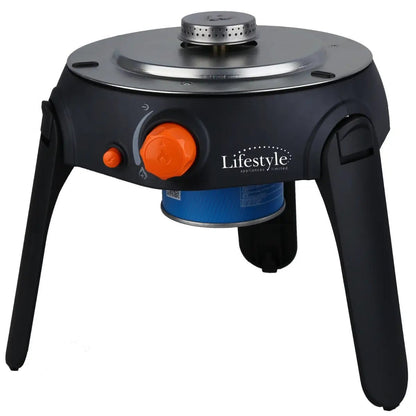 Black portable Sahara Multi Grill outdoor cooking system with silver burner orange knobs by Lifestyle Appliances Limited