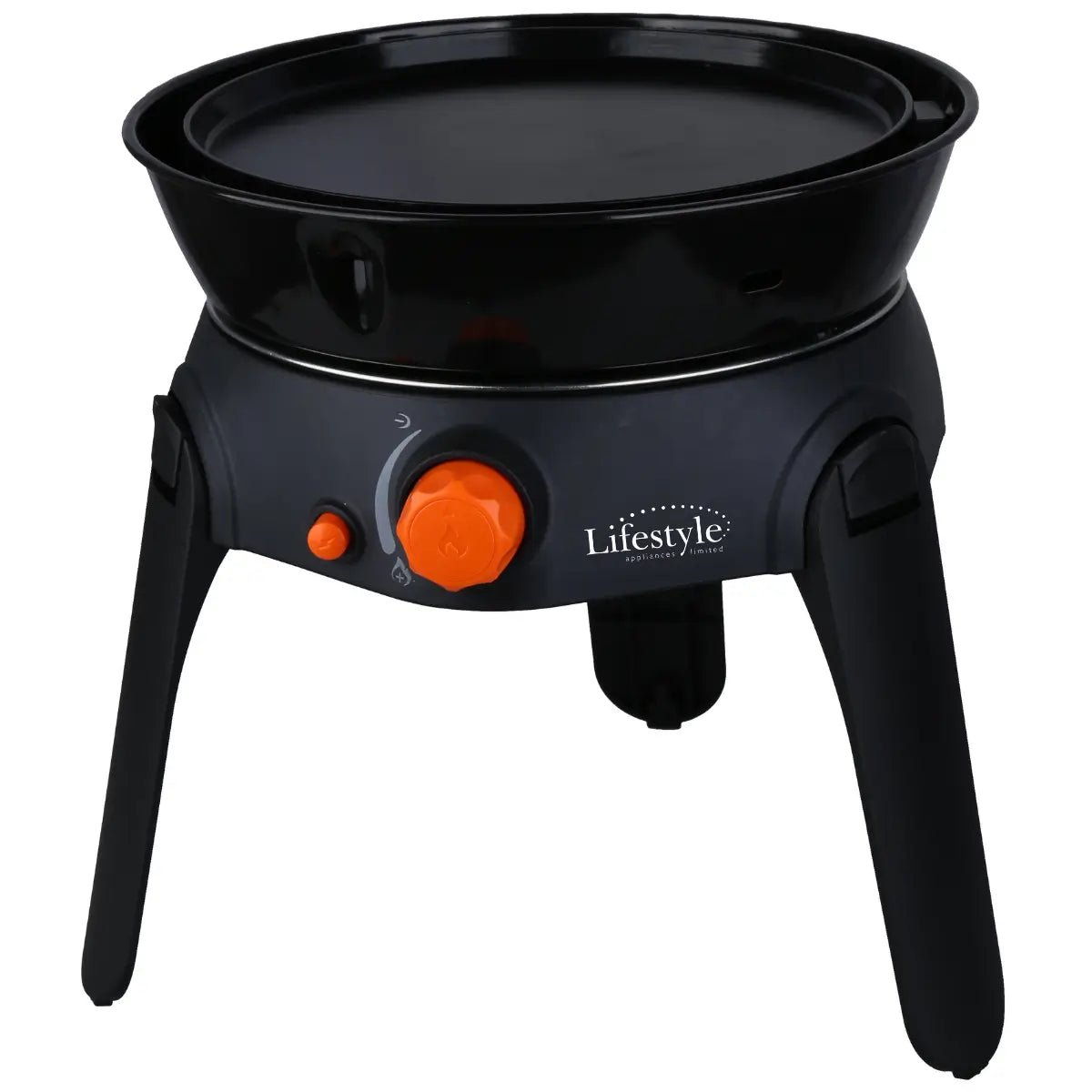 Black portable gas burner with orange control knobs and lifestyle brand logo for outdoor cooking by Sahara Multi Grill