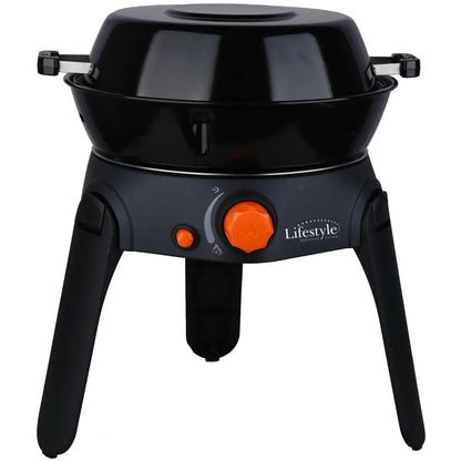 Sahara Multi Grill portable outdoor gas grill with glossy black finish and bright orange control knobs by LFSTHK-1
