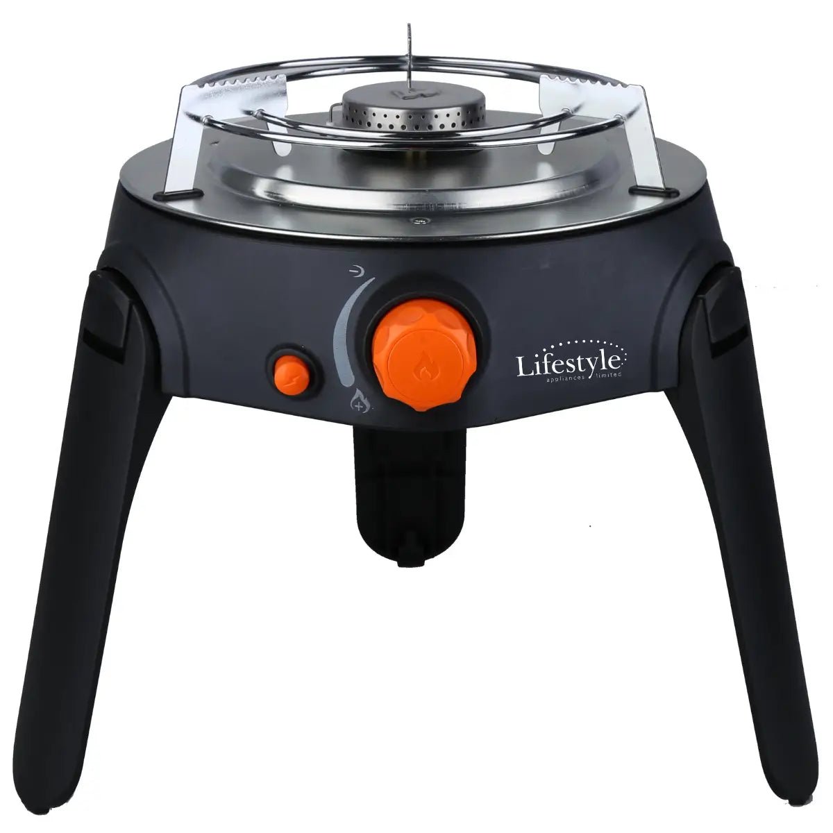 Black portable gas stove with orange knobs and stainless steel burner for outdoor cooking sahara multi grill