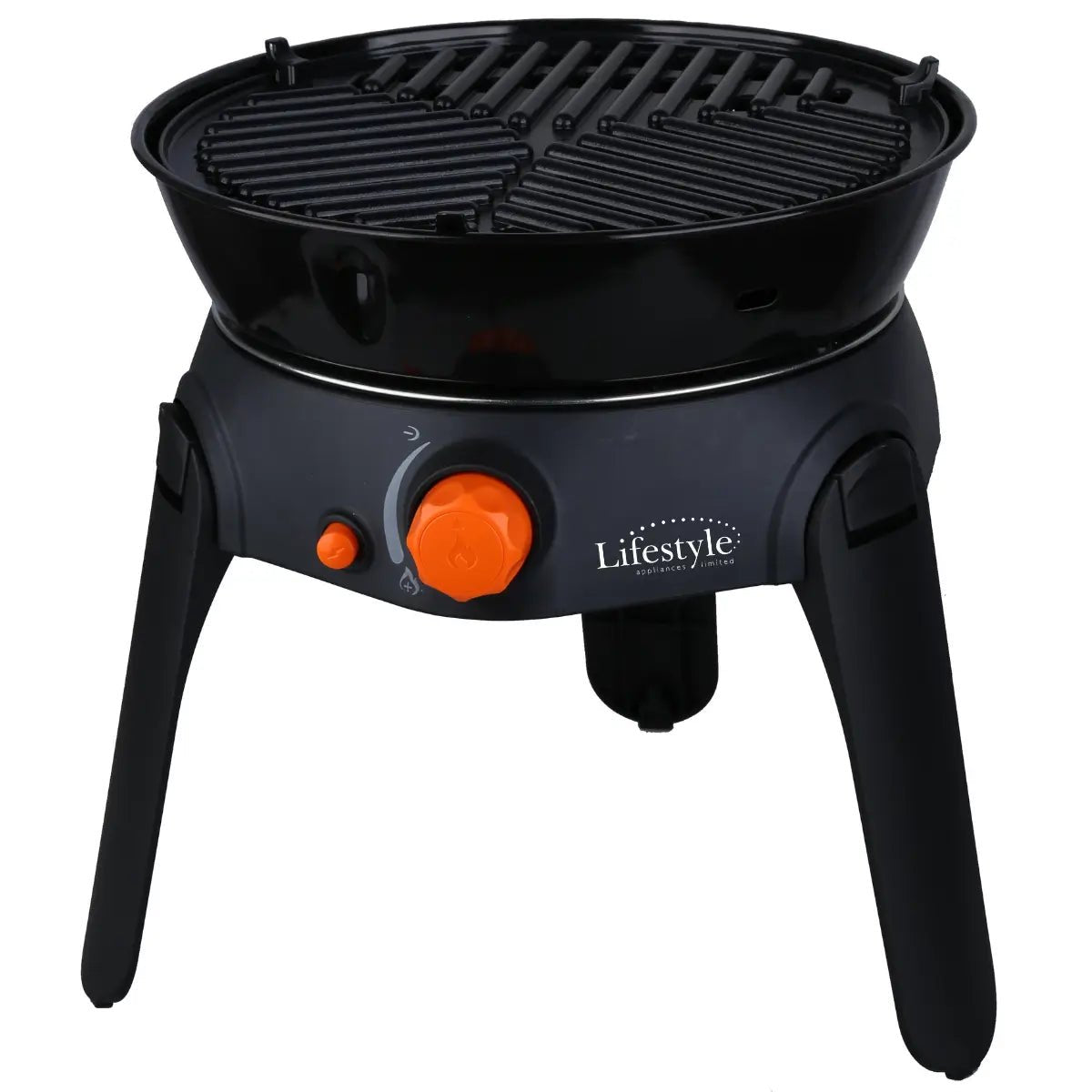 Black portable gas grill with orange control knobs and lifestyle logo for outdoor cooking Sahara Multi Grill LFSTHK-1