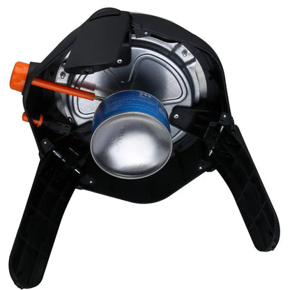Black plastic sahara multi grill camping stove with silver metal burner and orange fuel valve for outdoor cooking