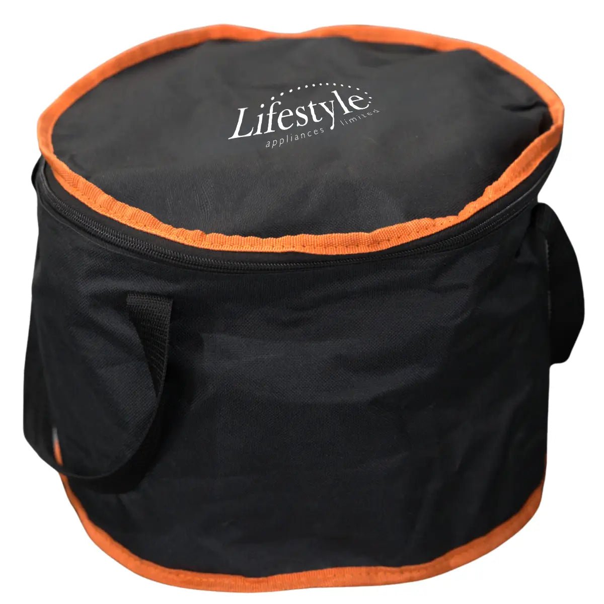Black and orange cylindrical carrying case with lifestyle appliances limited logo for sahara multi grill portable outdoor cooking system