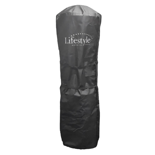 Black waterproof Santorini Deluxe patio heater cover made of durable material with lifestyle appliances logo visible