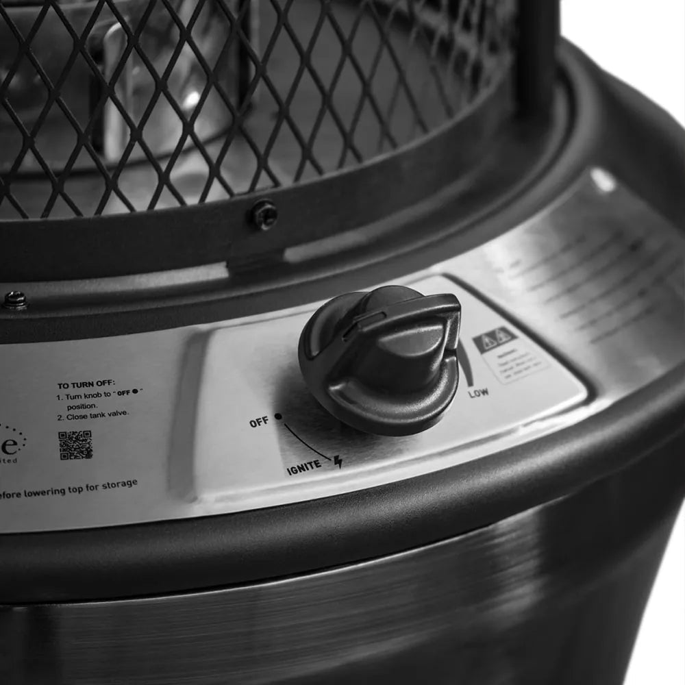 Stainless steel santorini patio heater with black mesh safety guard and control knob for off ignite and low settings