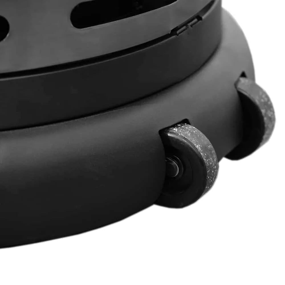 Black Santorini Patio Heater LFS822 with textured wheels and matte finish rolling suitcase shown from back side