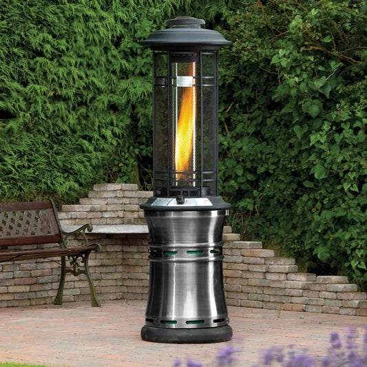 Santorini patio heater stainless steel and black outdoor unit with glowing orange flame inside mesh enclosure