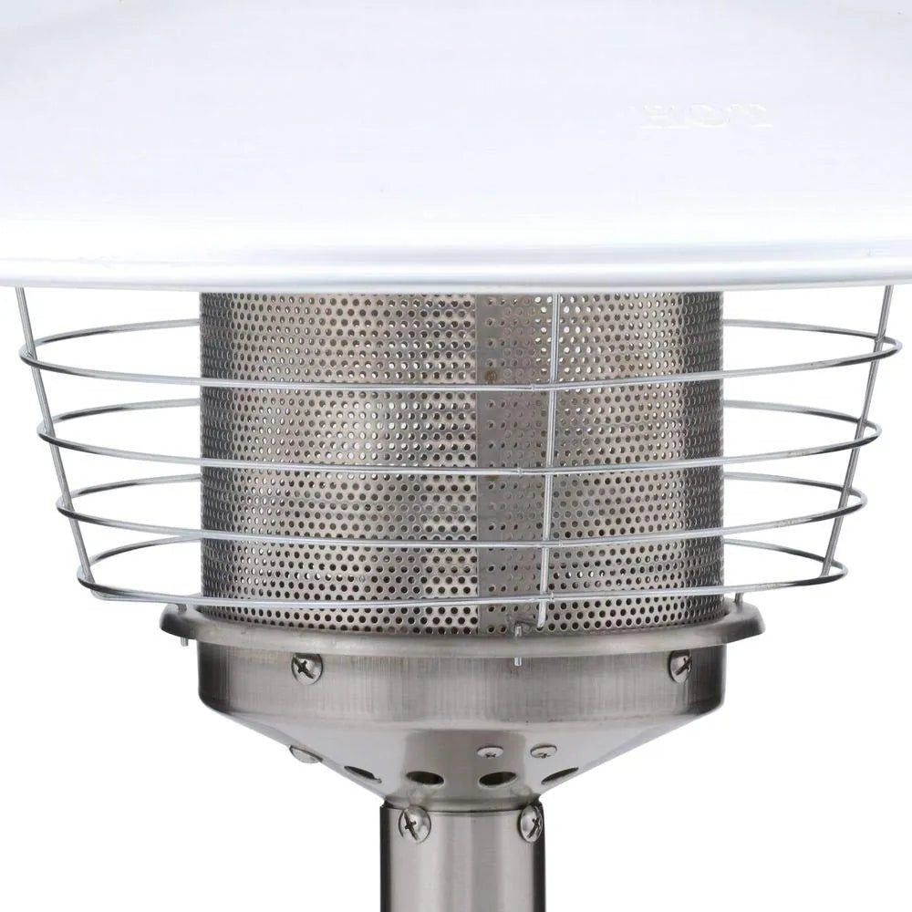 Sirocco tabletop patio heater stainless steel with perforated cylindrical body and protective wire cage for outdoor use