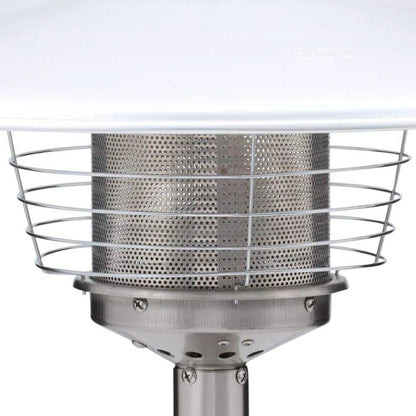 Sirocco tabletop patio heater stainless steel with perforated cylindrical body and protective wire cage for outdoor use