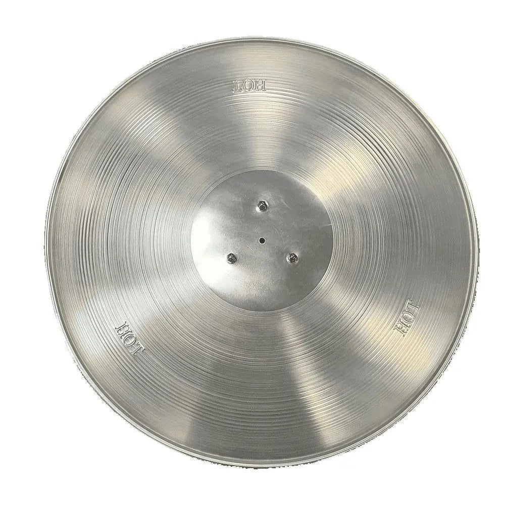 Sirocco tabletop patio heater LFS805 with a shiny metallic cymbal featuring a brushed finish and concentric ridges