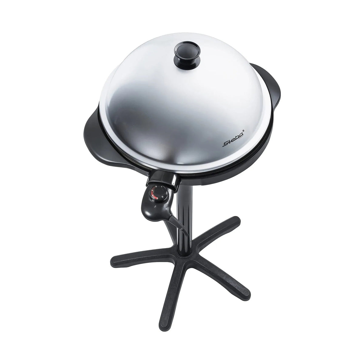 Steba 1800W electric bbq grill with silver dome-shaped lid black base metallic finish and step logo