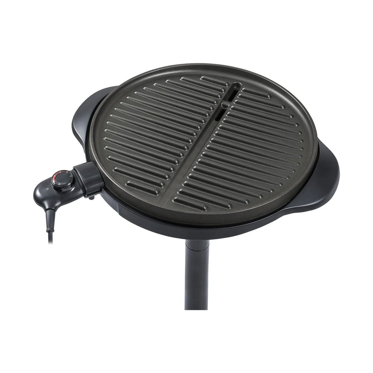 Black Steba 1800W electric BBQ grill with ribbed cooking surface and temperature control knob for indoor grilling