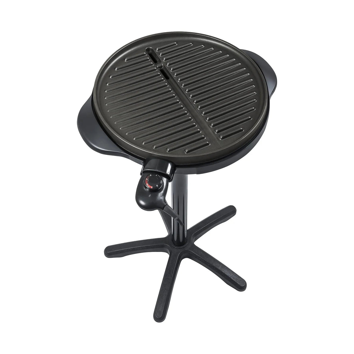 Steba 1800w black electric bbq grill with ribbed cooking surface and star-shaped base for indoor grilling