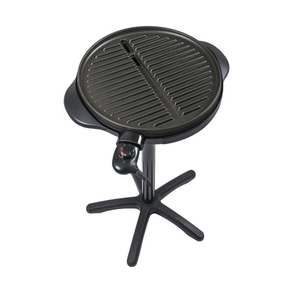 Steba 1800w black electric bbq grill with ribbed cooking surface and star-shaped base for indoor grilling