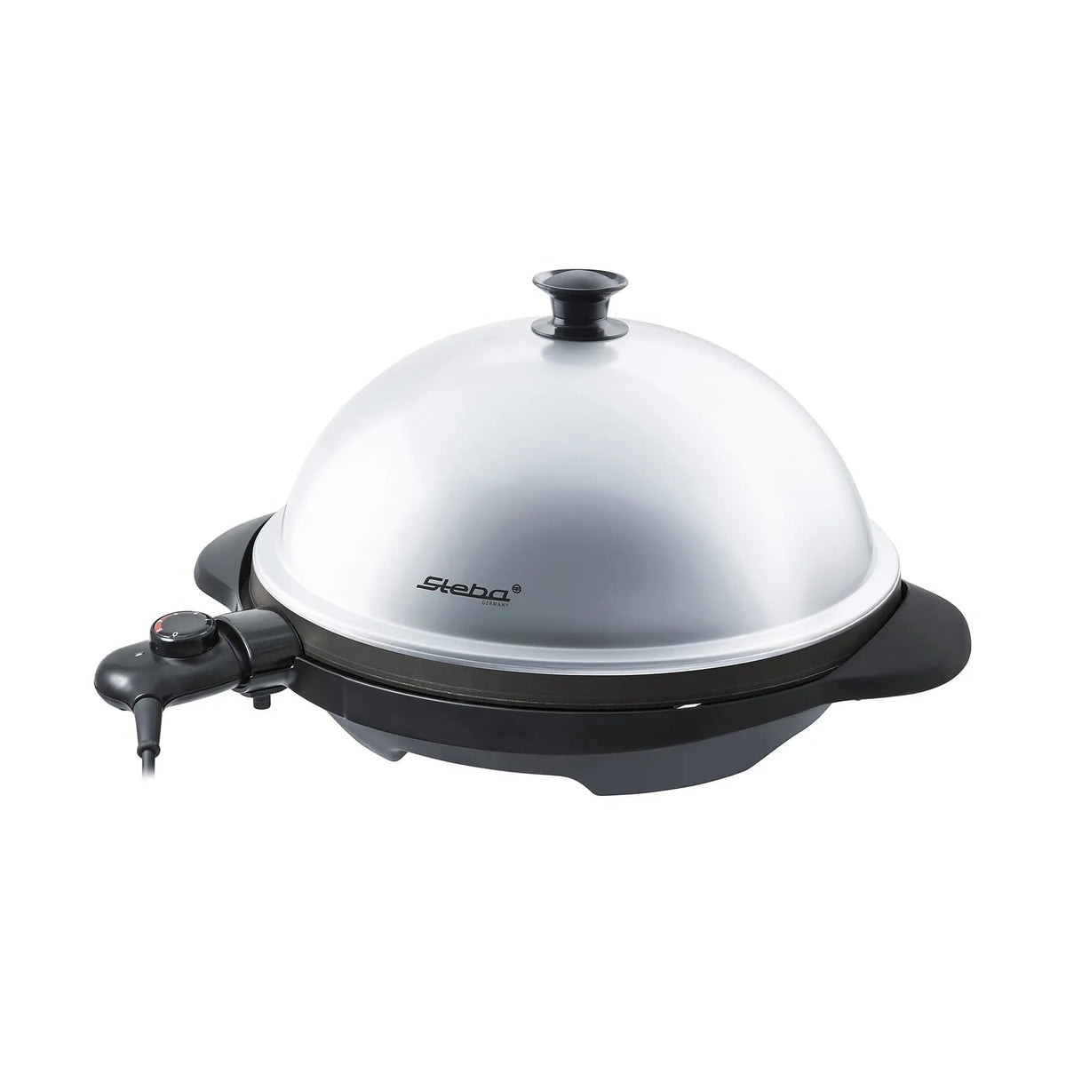Steba 1800W electric BBQ grill with sleek silver dome lid black base and side control knob for indoor grilling