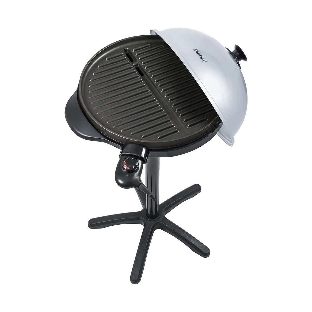 Steba 1800w electric bbq grill in black with silver dome lid and four-legged base for outdoor grilling