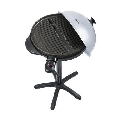 Steba 1800w electric bbq grill in black with silver dome lid and four-legged base for outdoor grilling