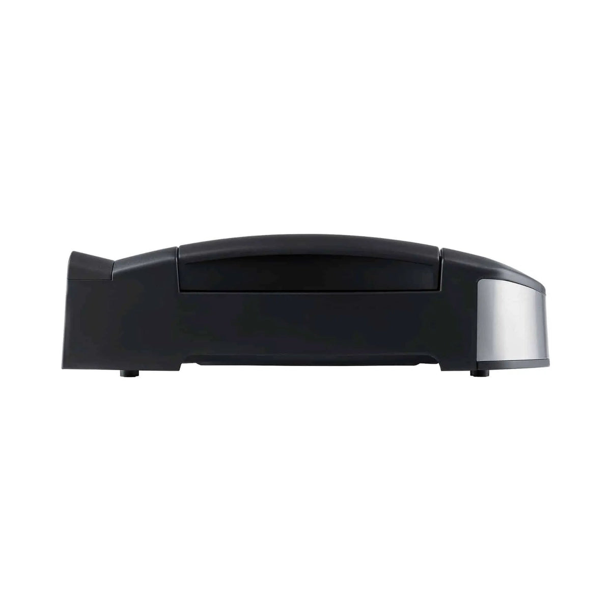 Black robotic vacuum cleaner with sleek modern design and metallic silver sensor beside Steba 2200W tabletop bbq grill vg195