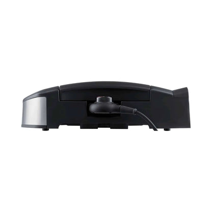 Black and silver robotic vacuum cleaner with sleek modern design featured alongside steba 2200w tabletop bbq grill vg195