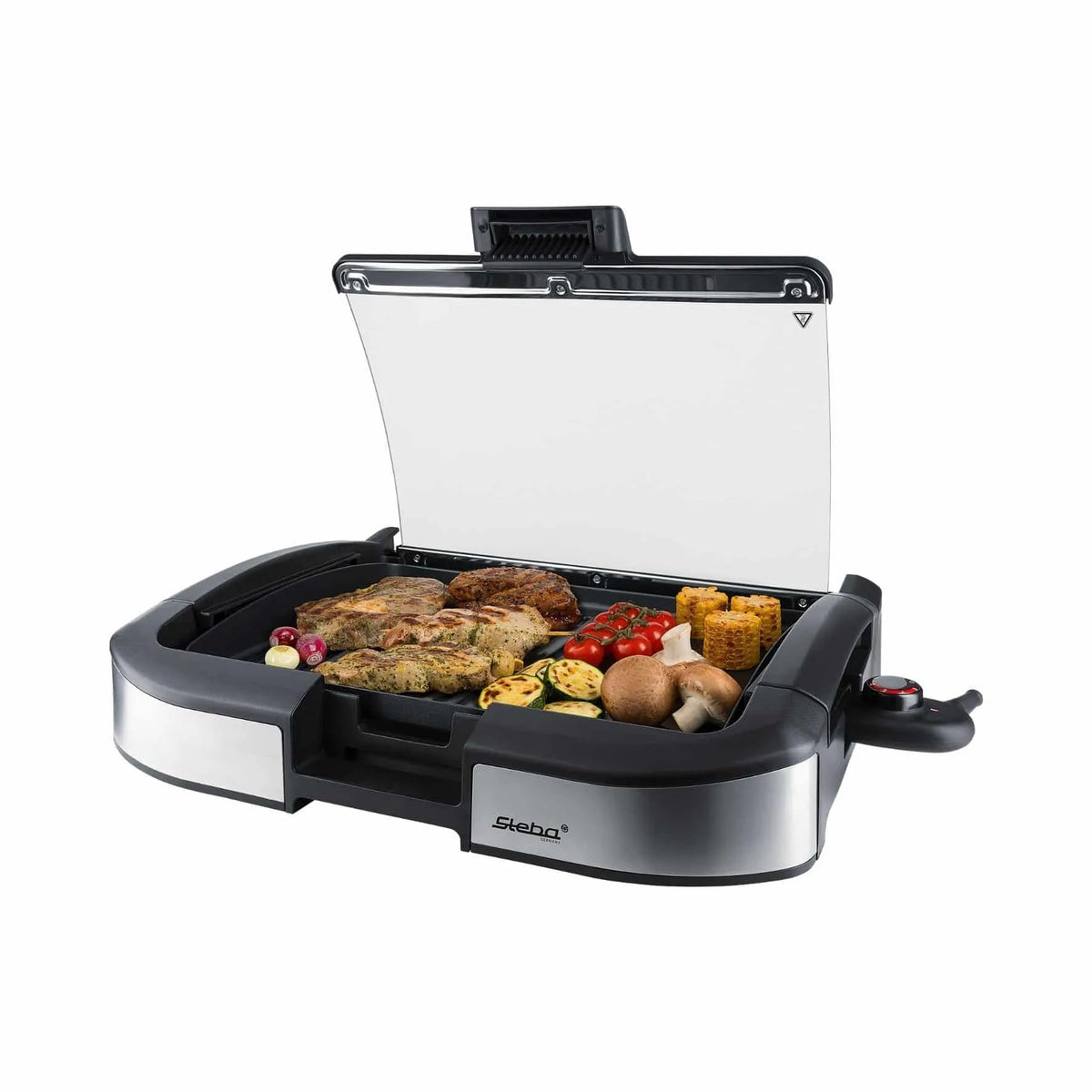 Black and silver steba 2200w tabletop bbq grill with transparent lid and skeba logo on front panel