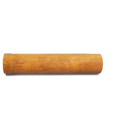 A rustic cylindrical metal stovepipe extender with weathered orange-brown patina for bonfeu outdoor fireplaces
