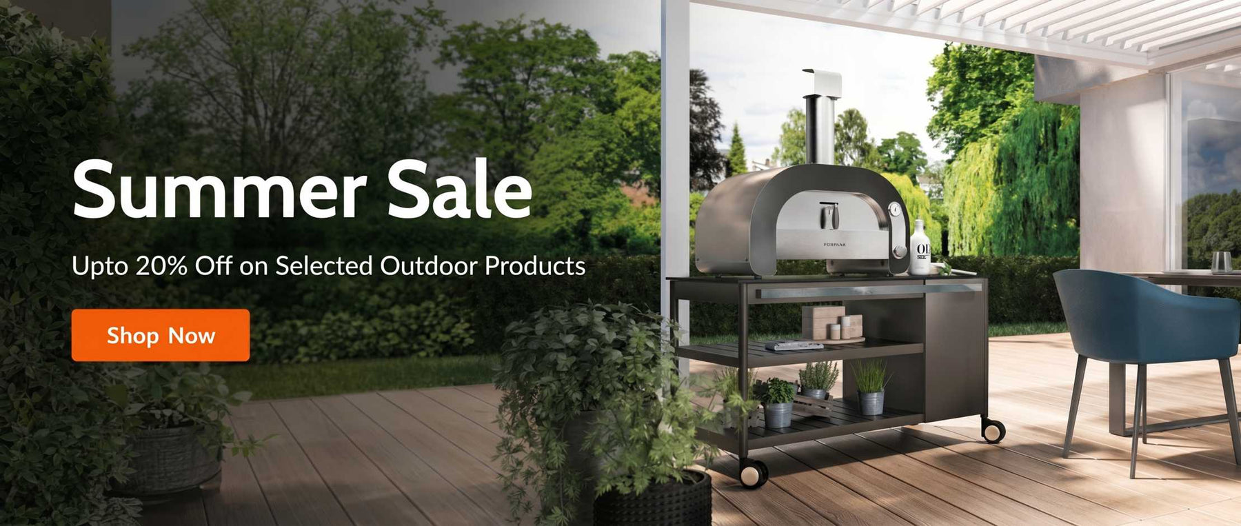 Outdoor patio scene featuring a charcoal grill on a rolling cart next to a blue chair, with a large pizza oven in the background. Prominent text on the left reads 'Summer Sale' with a 'Shop Now' button.